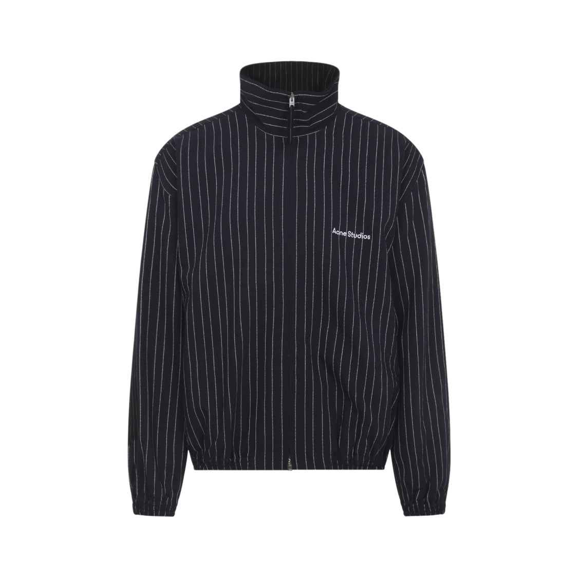 Acne Studios Pinstripe Wool Blend Jacket With High Collar And Zip Closure