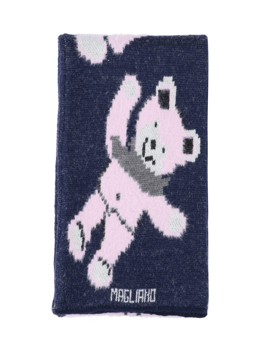 Magliano Knitted Navy Scarf With Playful Teddy Bear Pattern