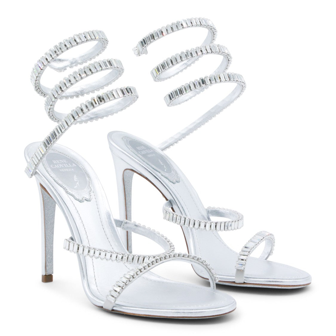 René Caovilla Silver Leather Sandals With Rhinestone-Ankle Detail