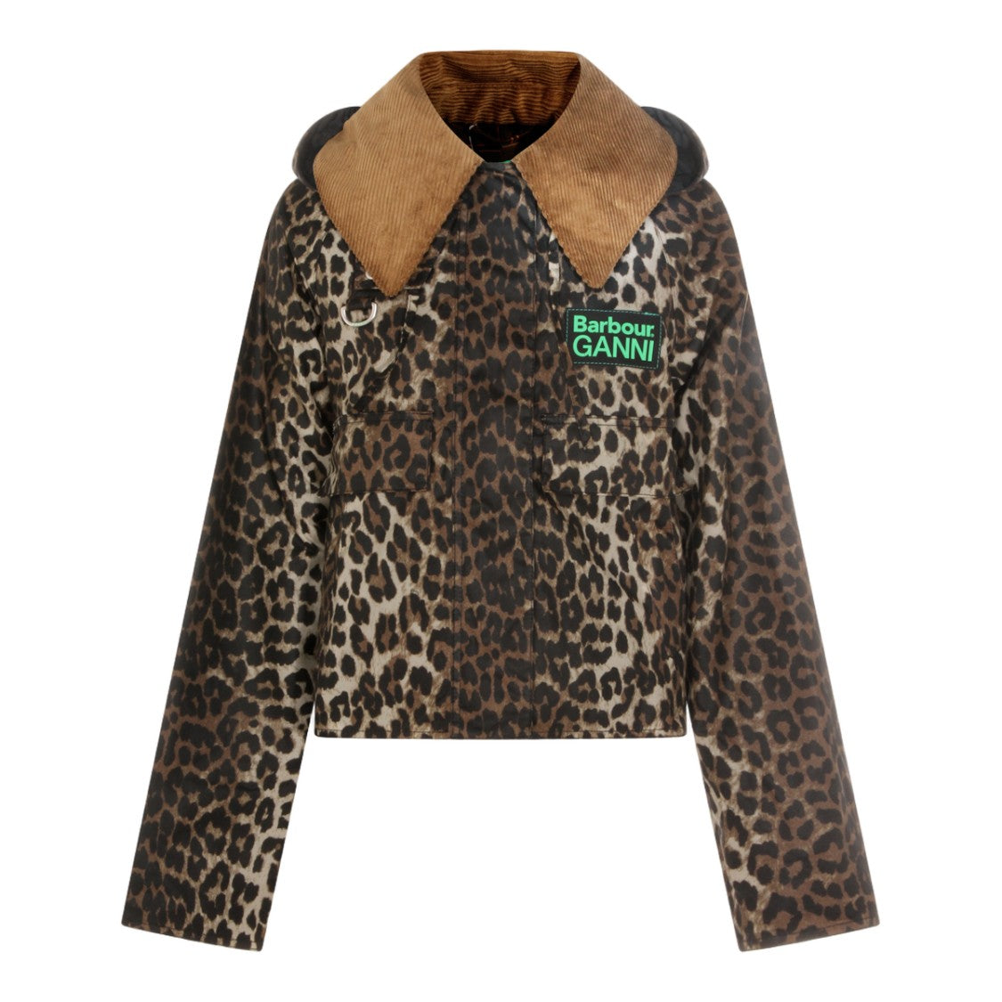 Barbour X Ganni Cropped Leopard Print Jacket With Corduroy Collar