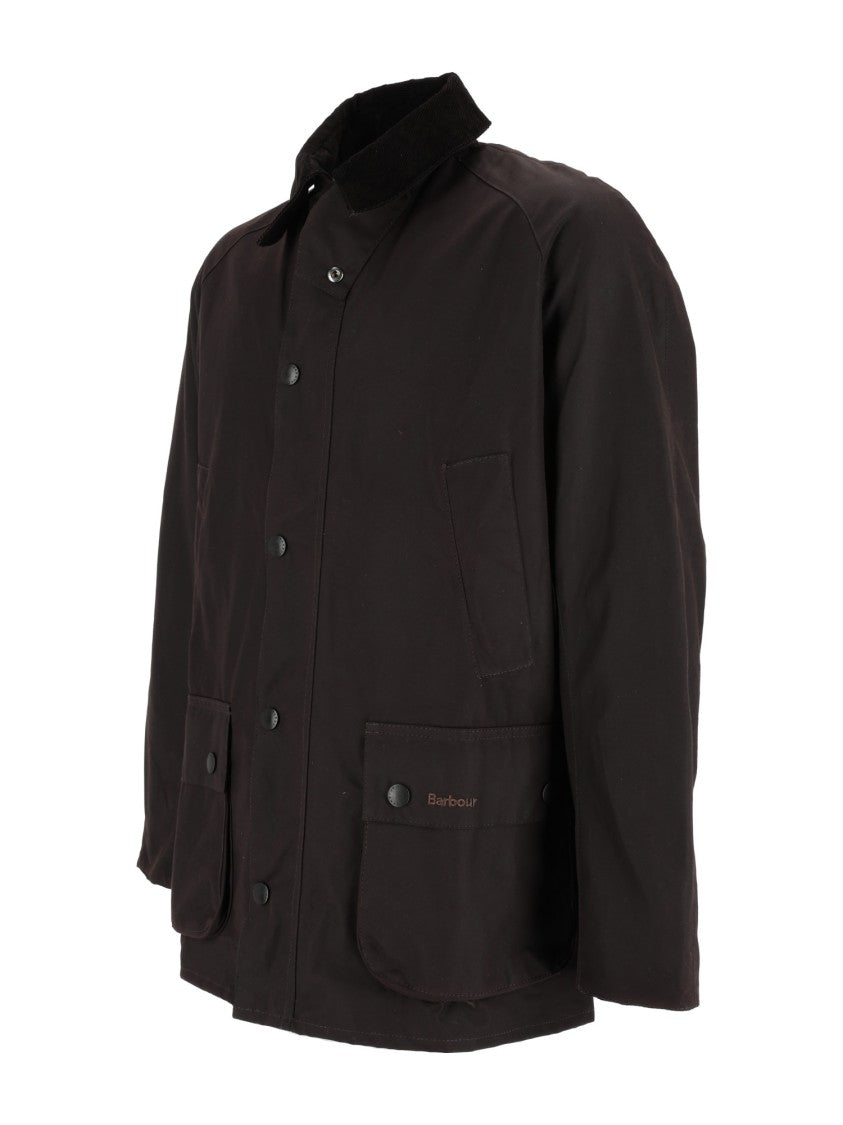 Barbour Matt Finish Waxed Cotton Jacket With Corduroy Collar And Flap Pockets
