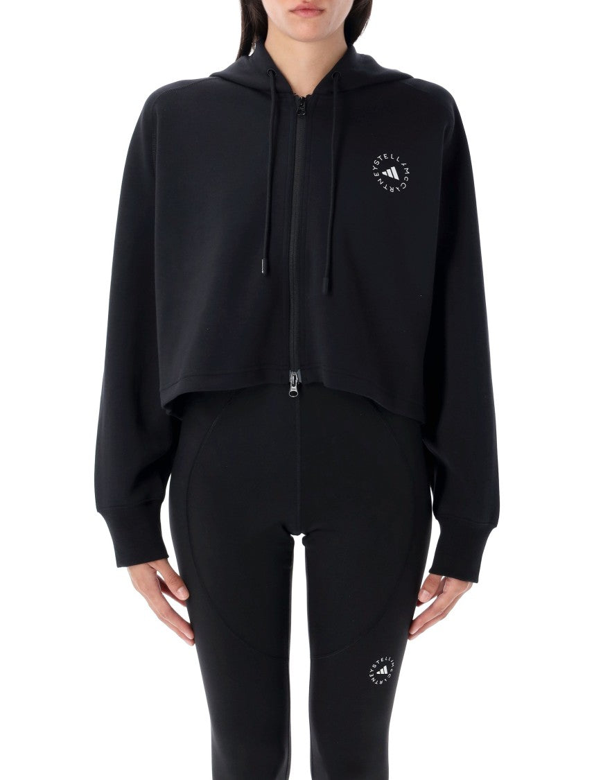 Adidas By Stella Mccartney Boxy Fit Cropped Hoodie With Drawstring Hood And Bold Logos