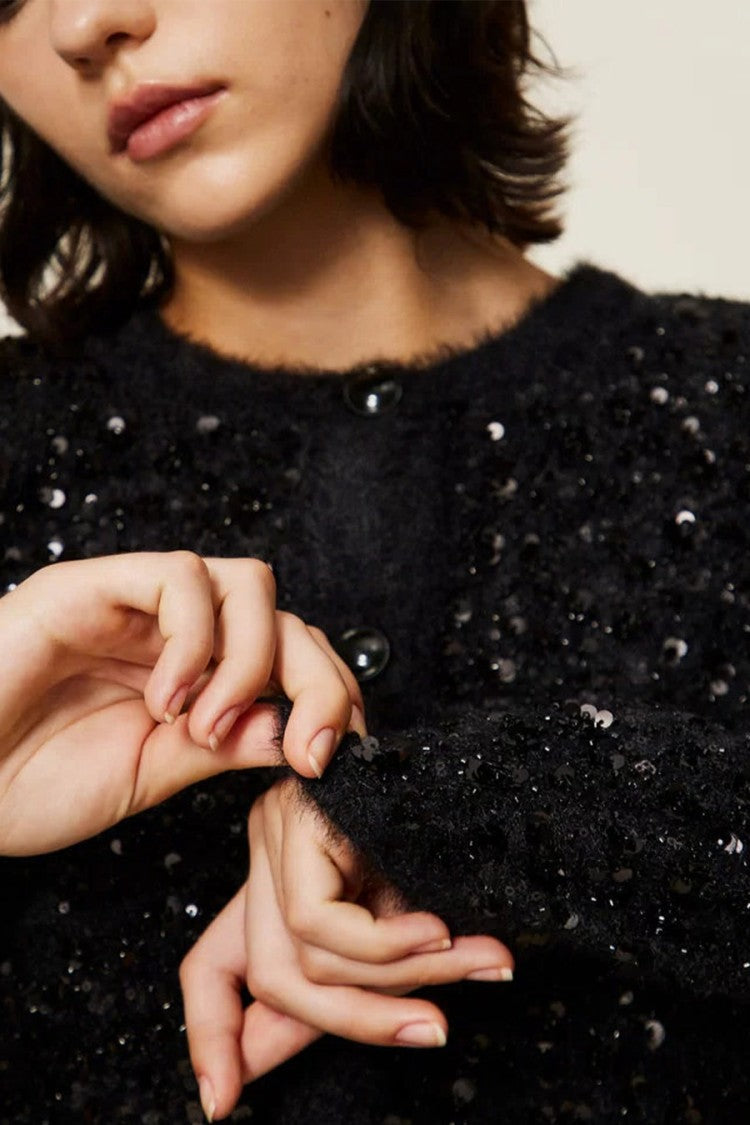 Twin-Set Black Sparkling Collarless Button-Front Jacket