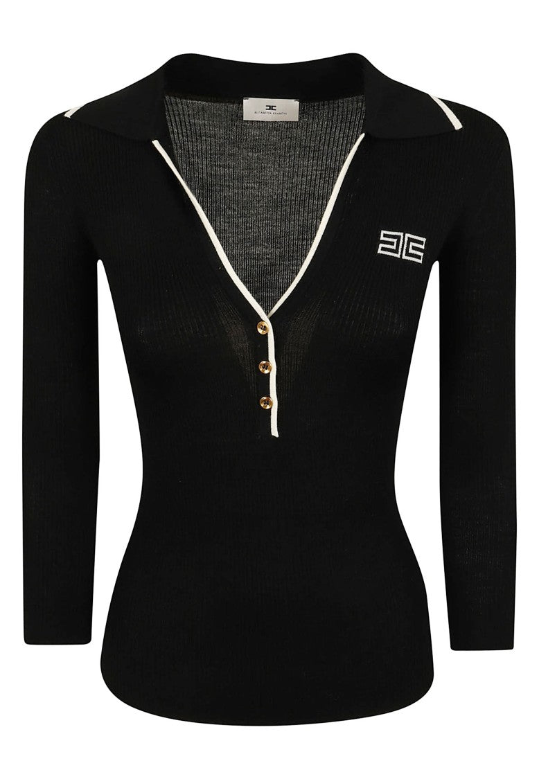 Elisabetta Franchi Ribbed Knit Intarsia Slim-Fit Polo Shirt