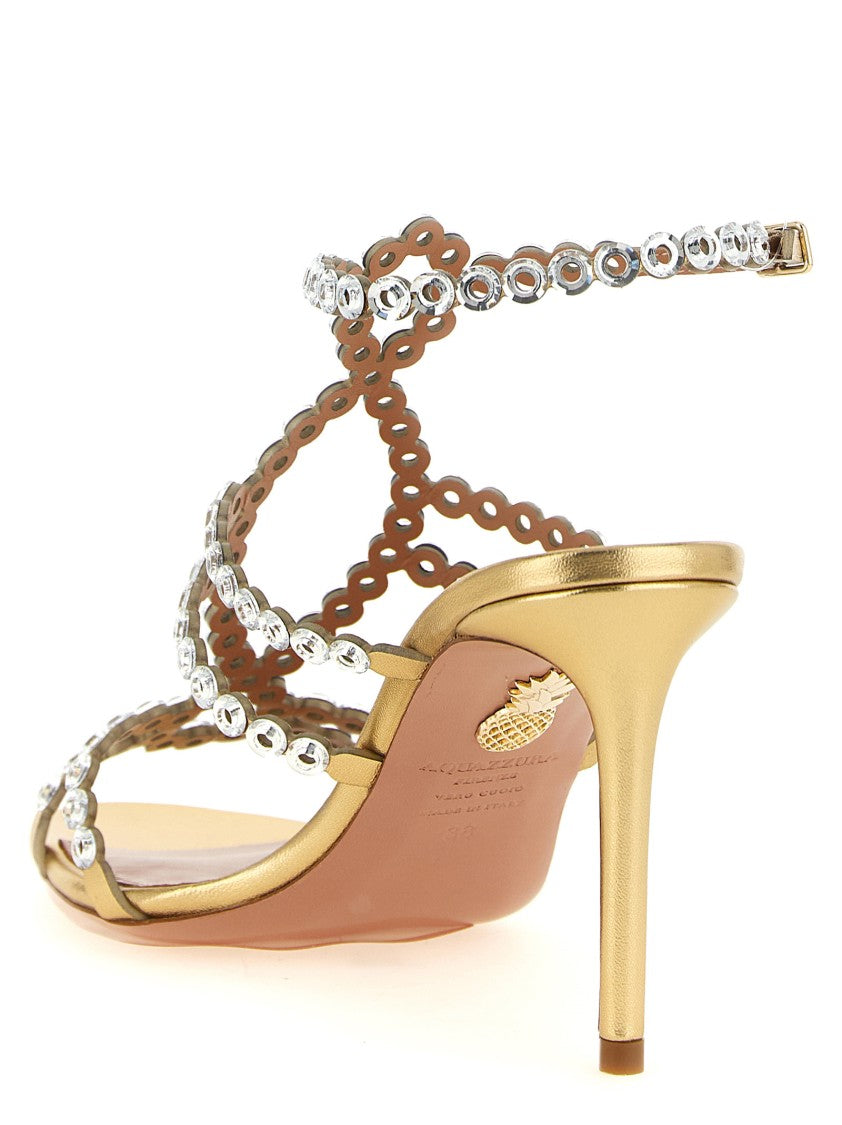 Aquazzura Laminated Leather Sandals With Crystal-Adorned Chain Pattern