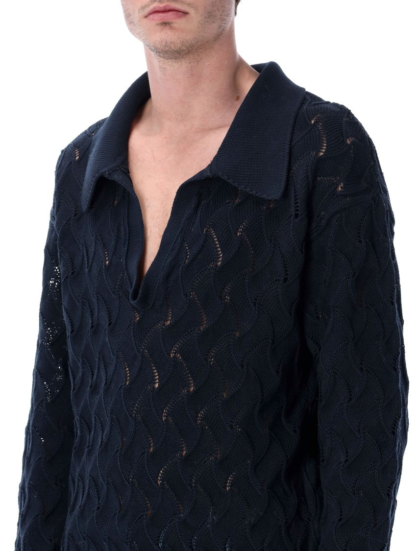 Dries Van Noten Lace Stitch Polo Sweater In Mercerized Cotton With Ribbed Trim