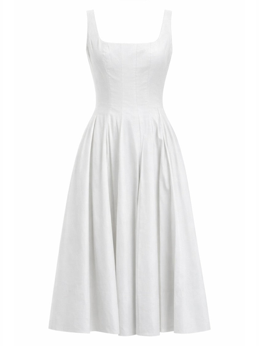 Staud Wells Midi Square Neck Pleated Dress