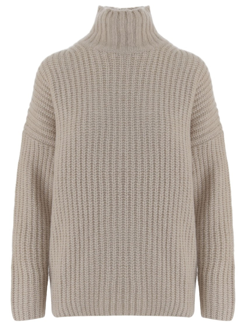 Allude Beige Patterned Knit Turtleneck Cashmere-Silk Sweater