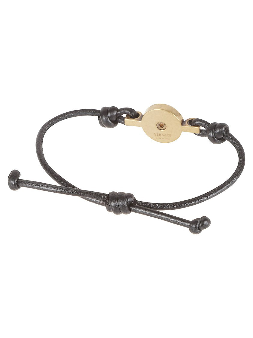 Versace Adjustable Black Leather Bracelet With Three-Dimensional Medusa Emblem