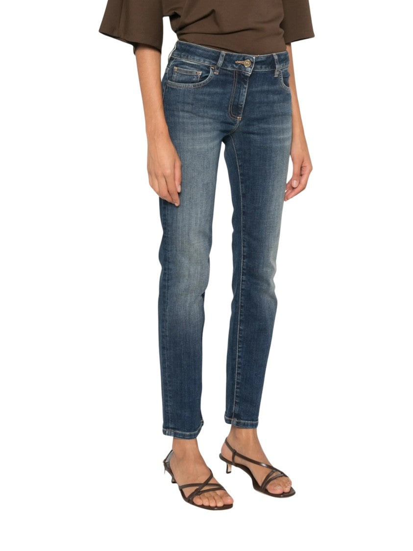 Elisabetta Franchi Blue Faded Whiskered Cotton-Blend Denim Jeans