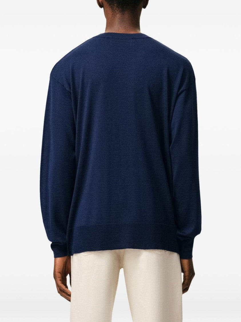 Ami Paris Ink Blue Ribbed Knit Logo Sweater