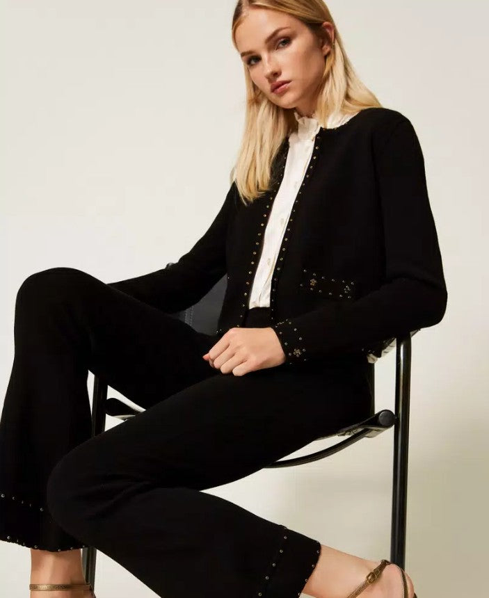 Twin-Set Viscose-Blend Rhinestone Studded Flared Pants