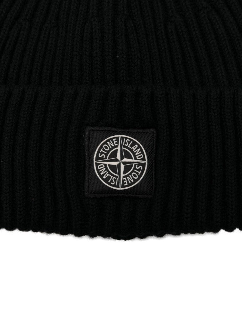 Stone Island Ribbed Knit Wool Hat With Logo Patch