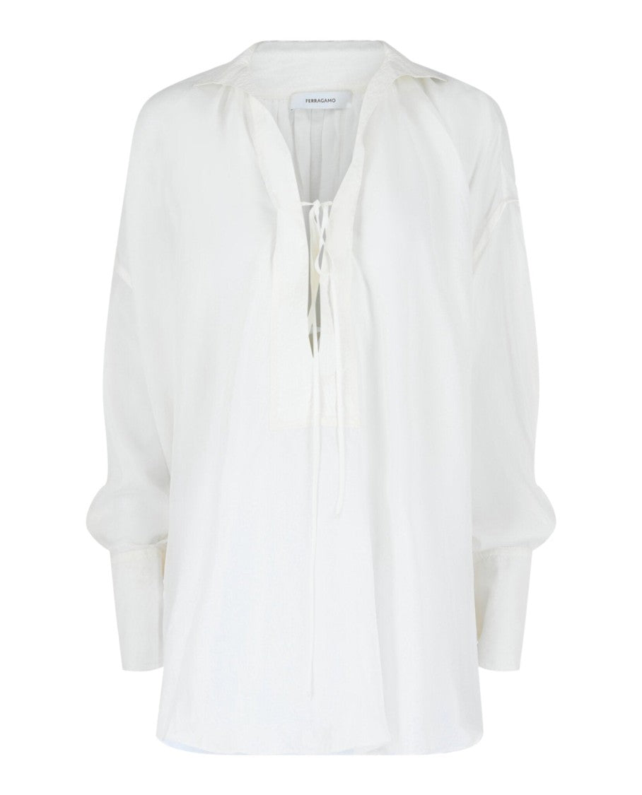 Ferragamo Silk-Blend Tunic Top With Plunging Neckline And Front Tie Fastening