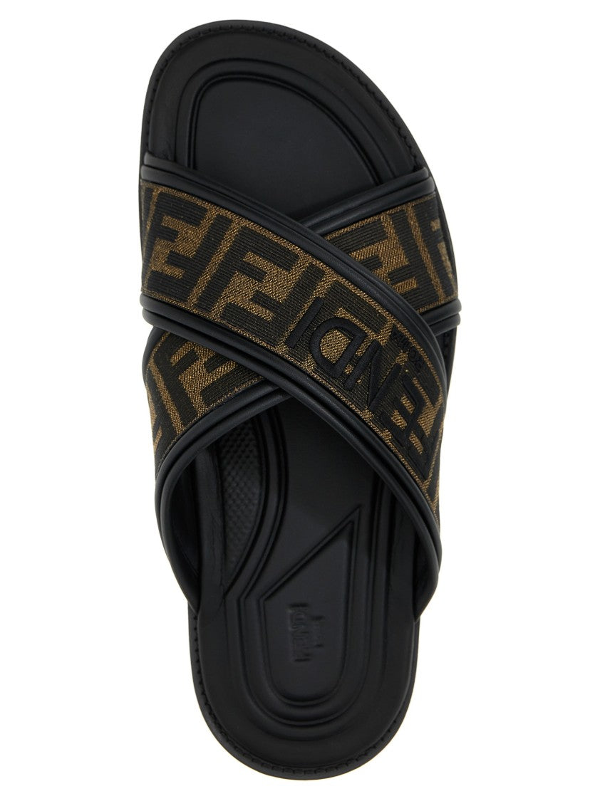 Fendi Double Crossed Band Logo Slides With Jacquard Ff Design