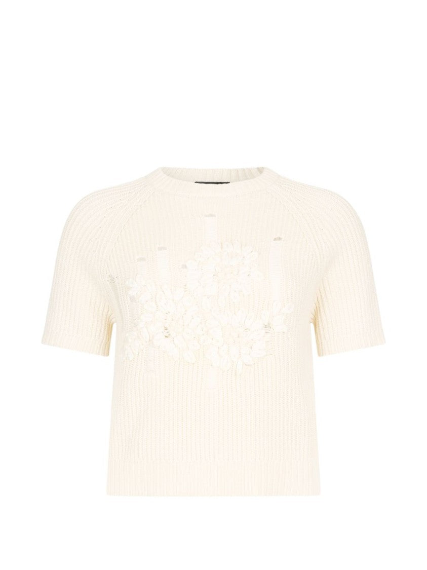 Liu Jo Cream Floral Rib-Knit Top