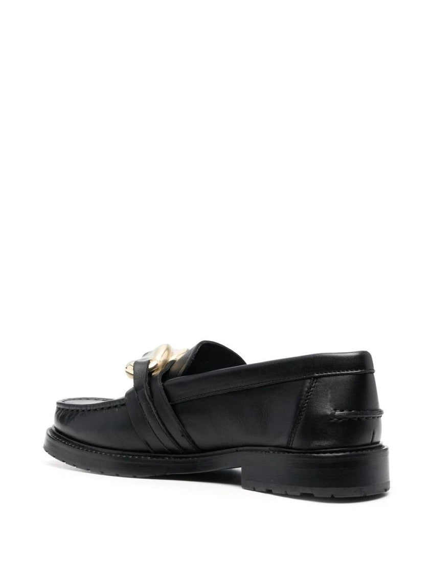 Moschino Sleek Black Leather Loafers With Decorative Chain Detail