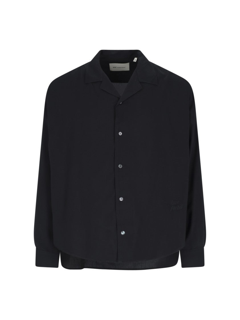 Ami Paris Black Bowling Collar Viscose Logo Shirt