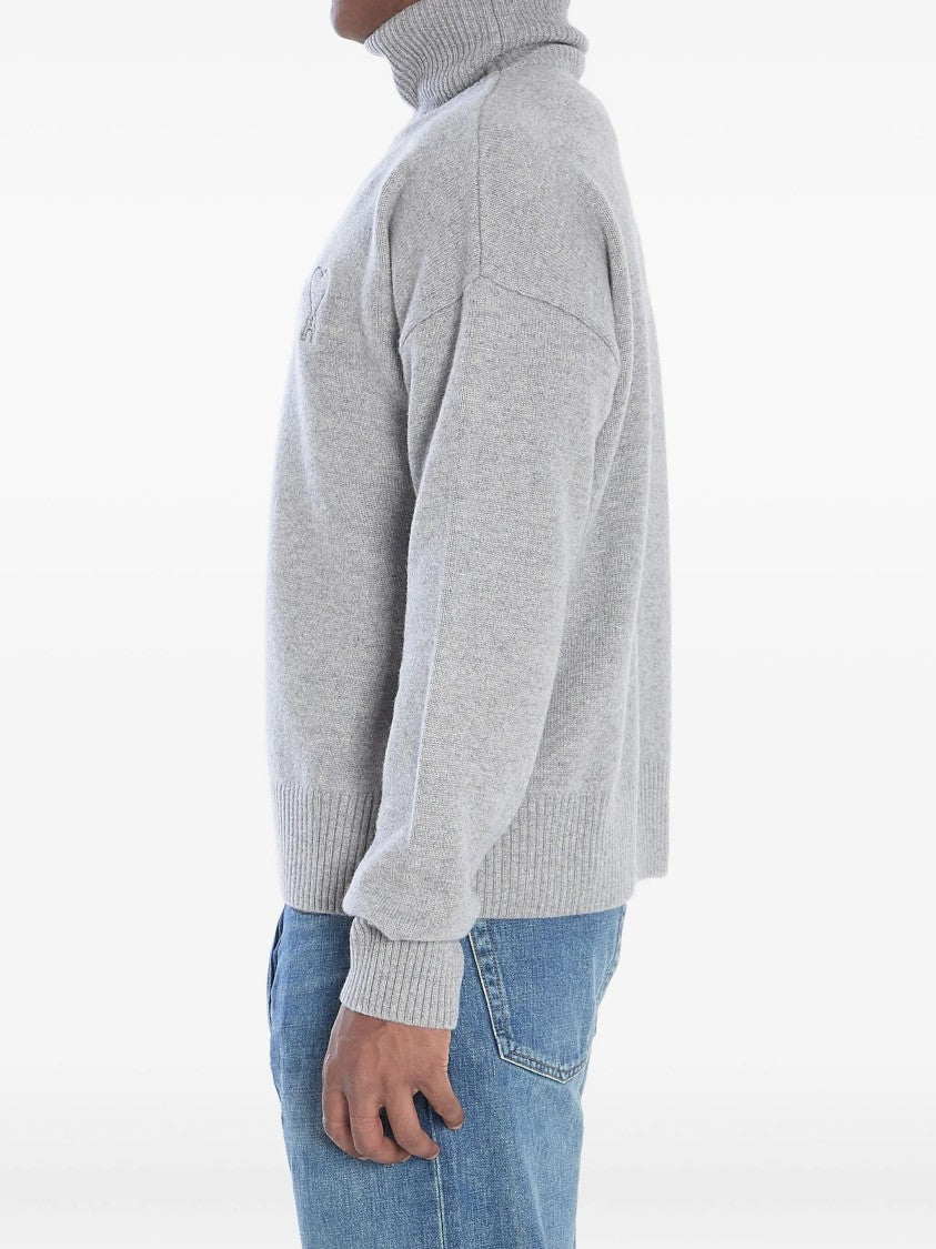 Ami Grey Turtleneck Sweater With Ribbed Detailing