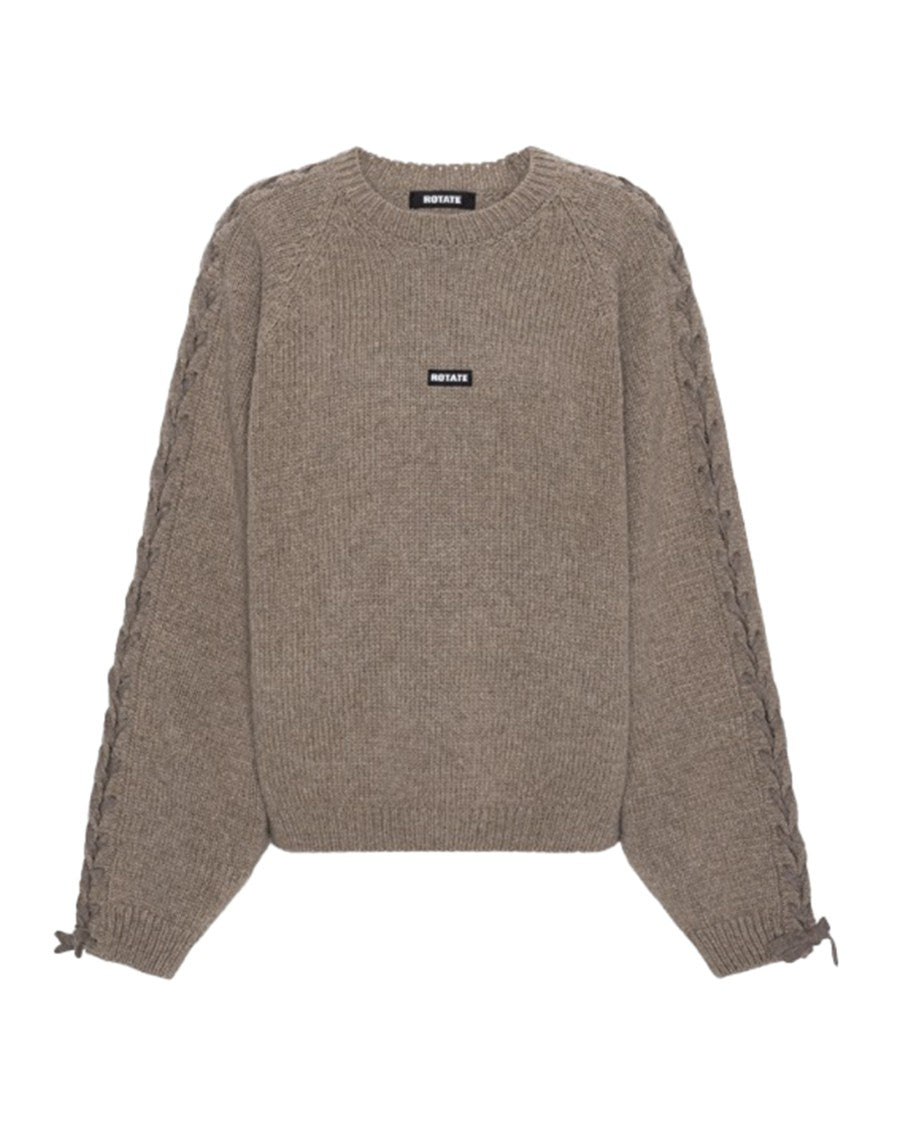 Rotate Intricate Lace-Up Knitted Sweater In Muted Taupe