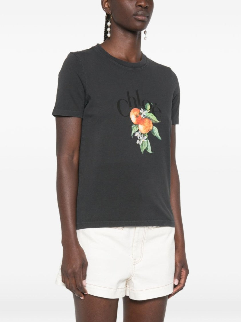 Chloé Black Slightly Cropped Colorful Fruit T-Shirt