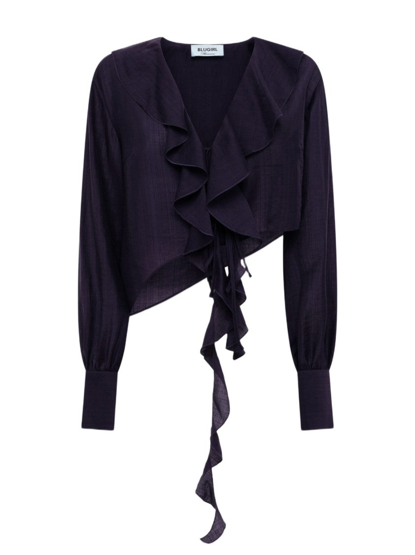 Blugirl Ruffled Lyocell Blouse With V-Neckline And Asymmetrical Hem