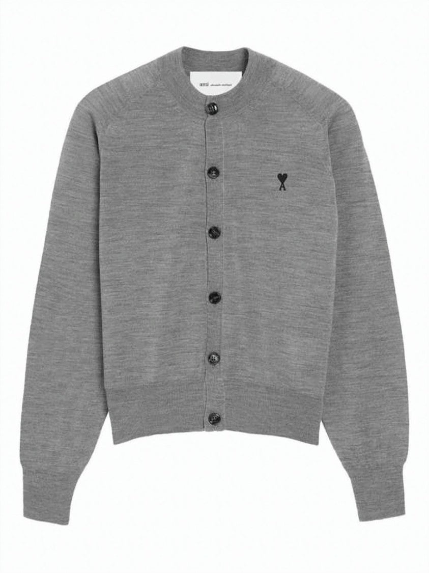 Ami Paris Crew Neck Wool Cardigan With Ribbed Details
