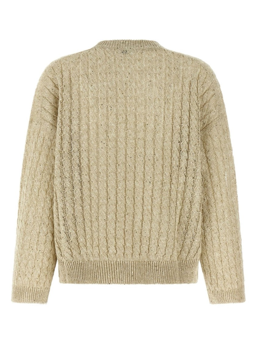Brunello Cucinelli Beige Openwork Cable Knit Linen Sweater