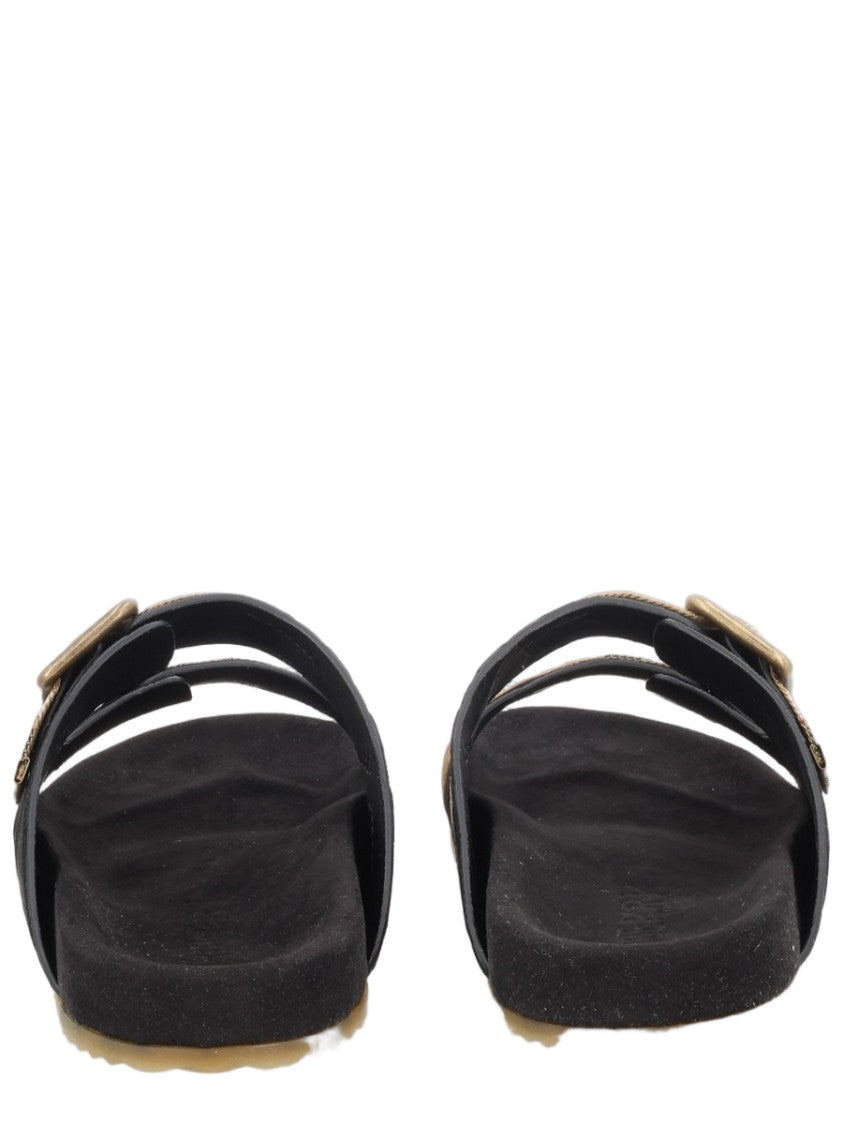 Burberry Black Check Pattern Adjustable Buckle Calf Suede Sandals