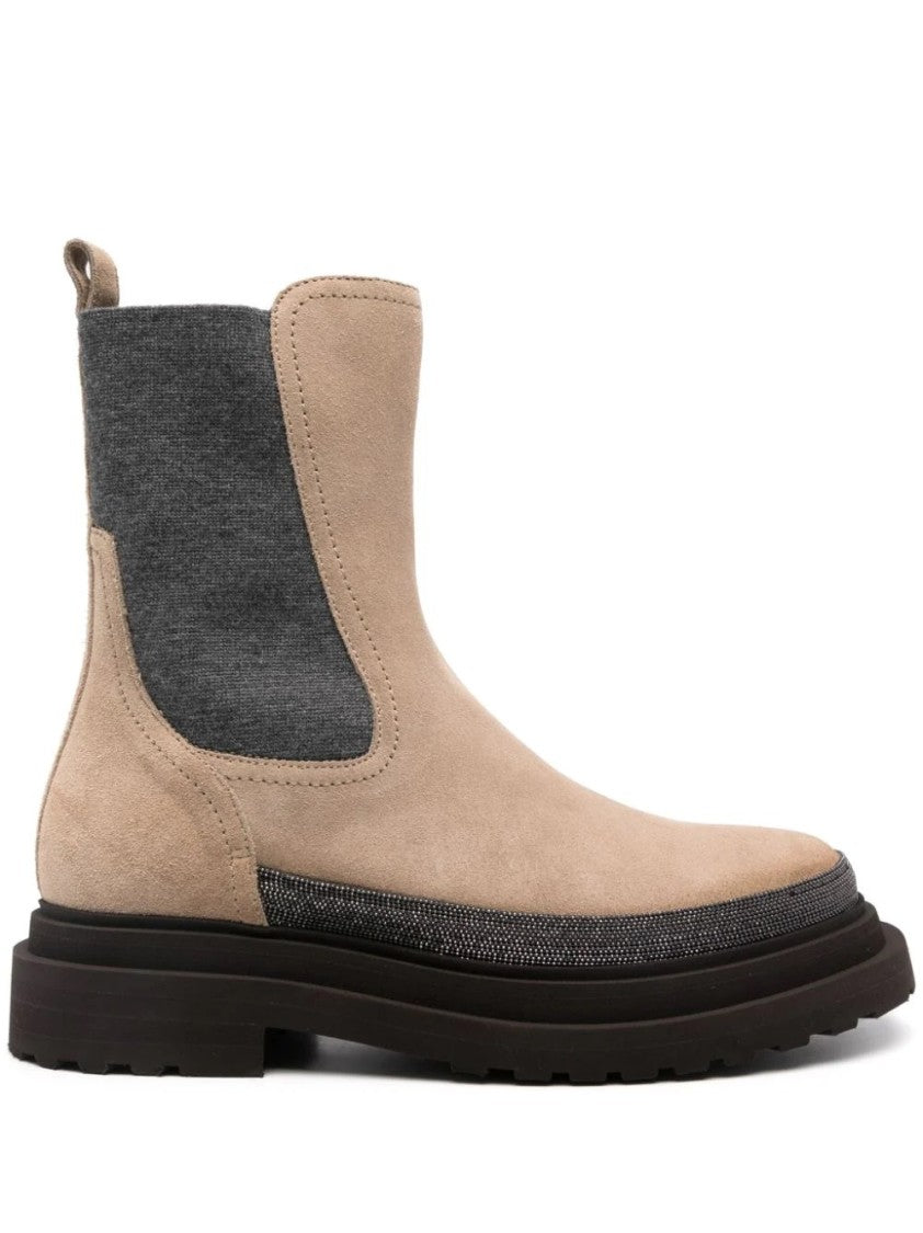 Brunello Cucinelli Brown Suede Ankle Boots With Textured Panels And Chunky Sole