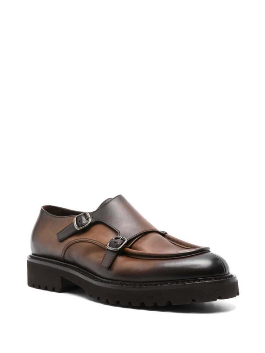Doucal's Brown Polished Calf Leather Double Buckle Shoes