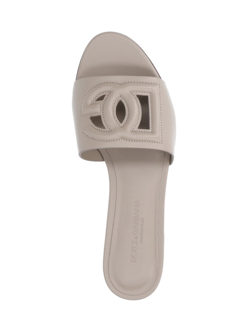 Dolce & Gabbana Taupe Leather Slip-On Sandals With Logo Detail