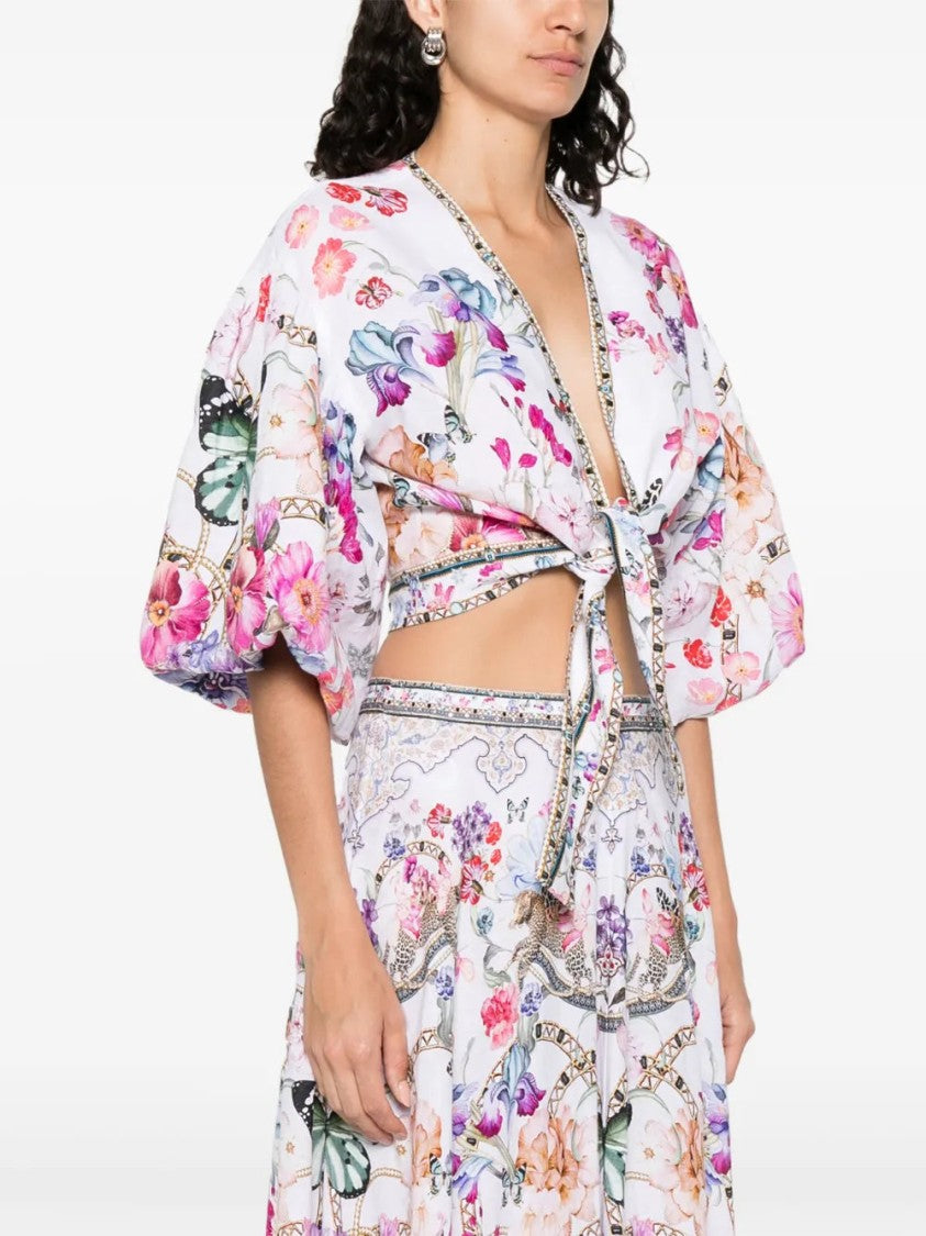 Camilla White V-Neck Crop Top With Knot Detailing And Wide Sleeves