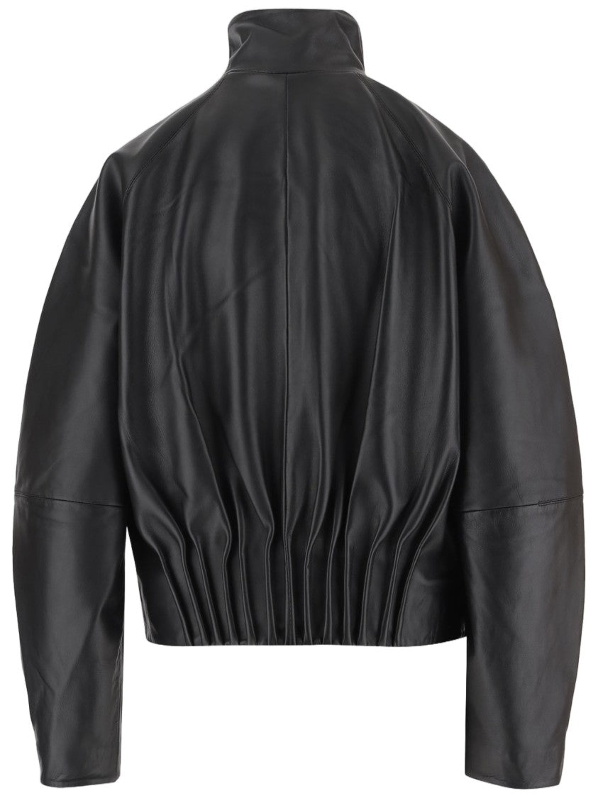 By Malene Birger High Collar Black Leather Jacket With Flap Pockets