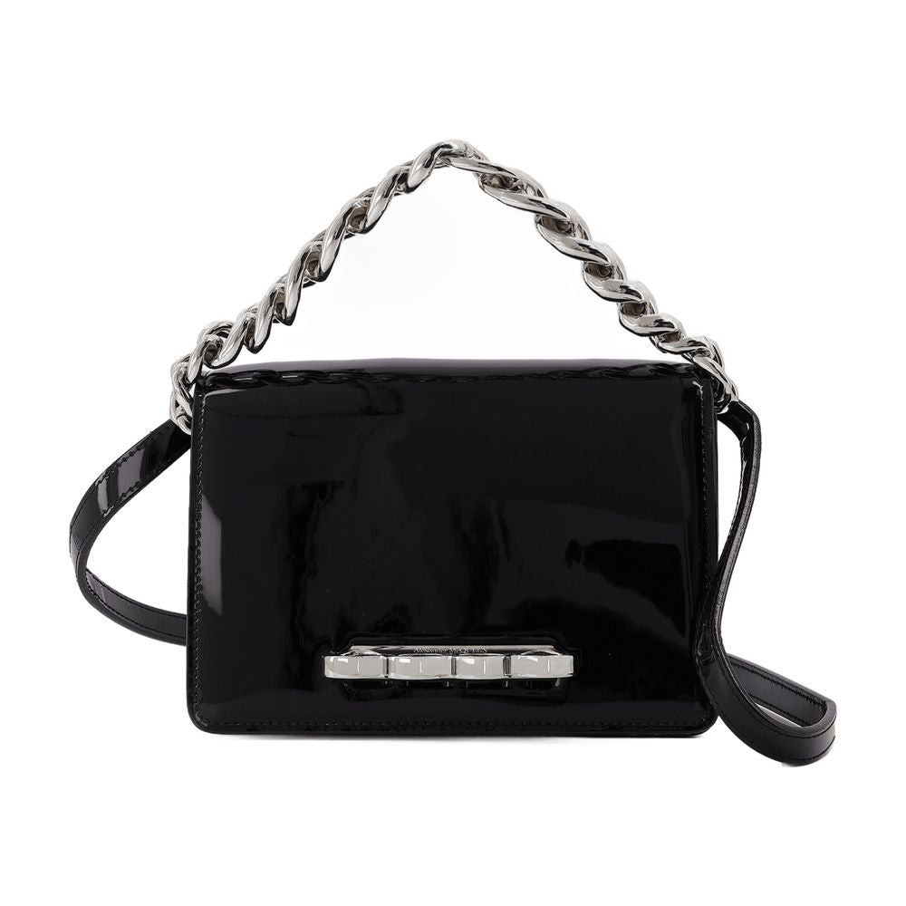 Alexander Mcqueen Four Ring Mini Chain Bag In Black Patent Leather