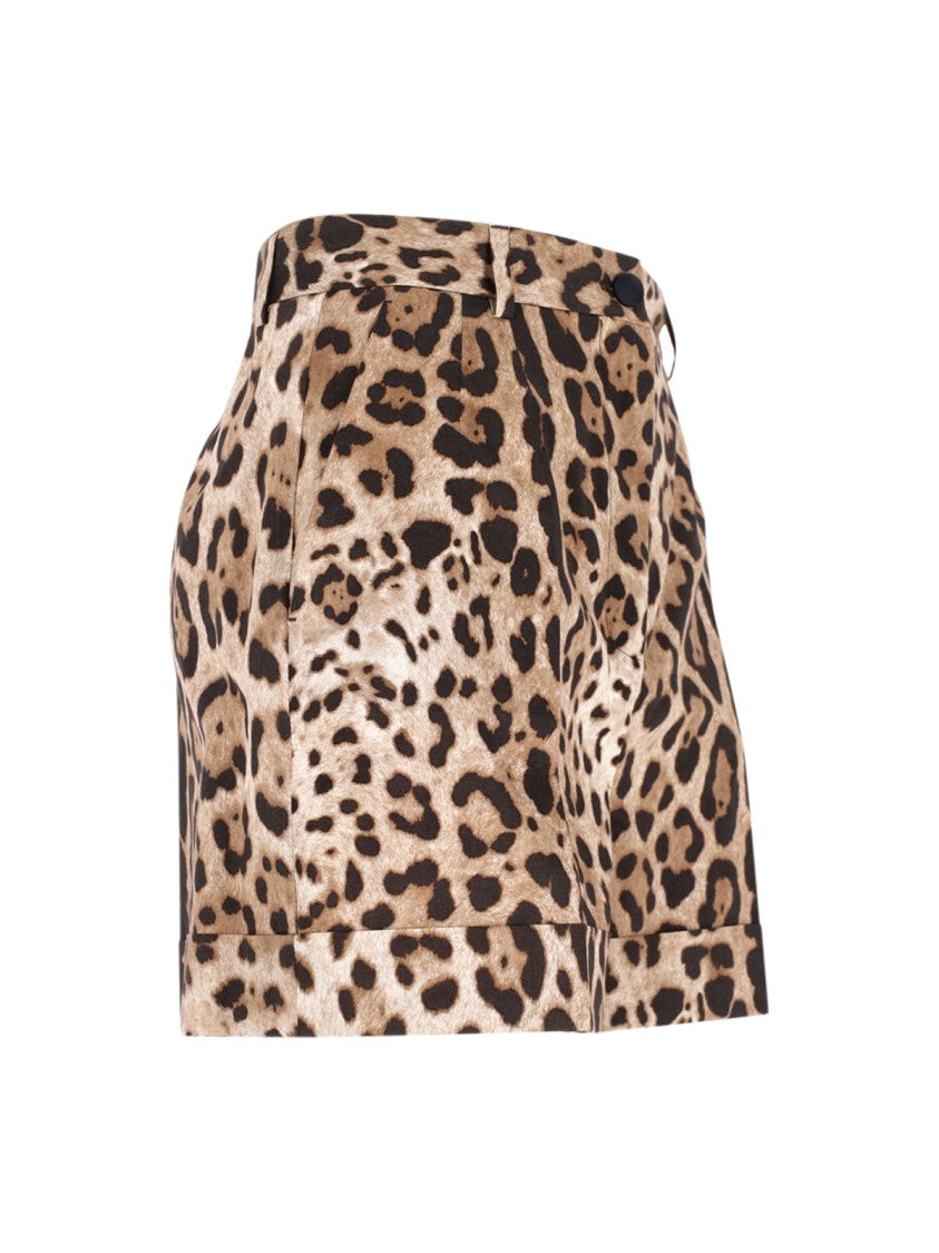 Dolce & Gabbana Animalier Shorts In Brown Cotton, Mid-Rise