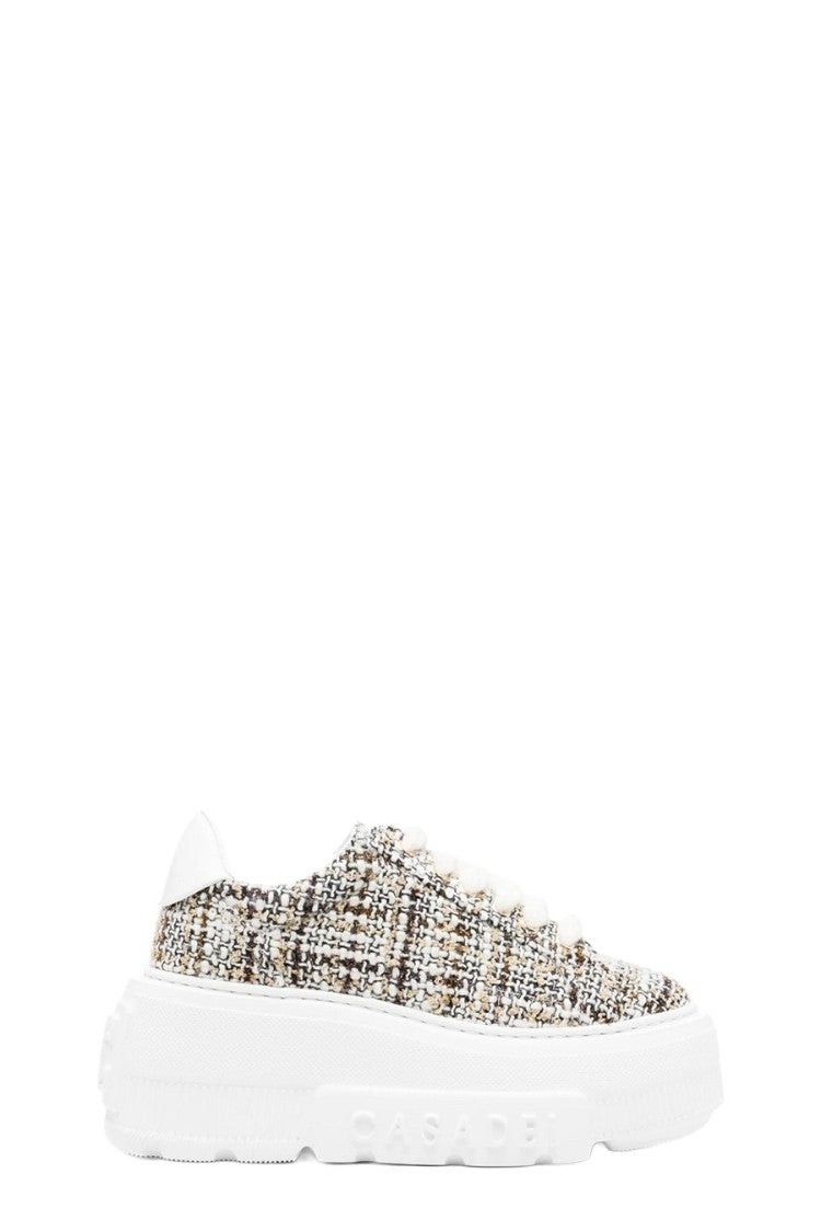 Casadei Beige Tweed-Effect Lace-Up Platform Sneakers