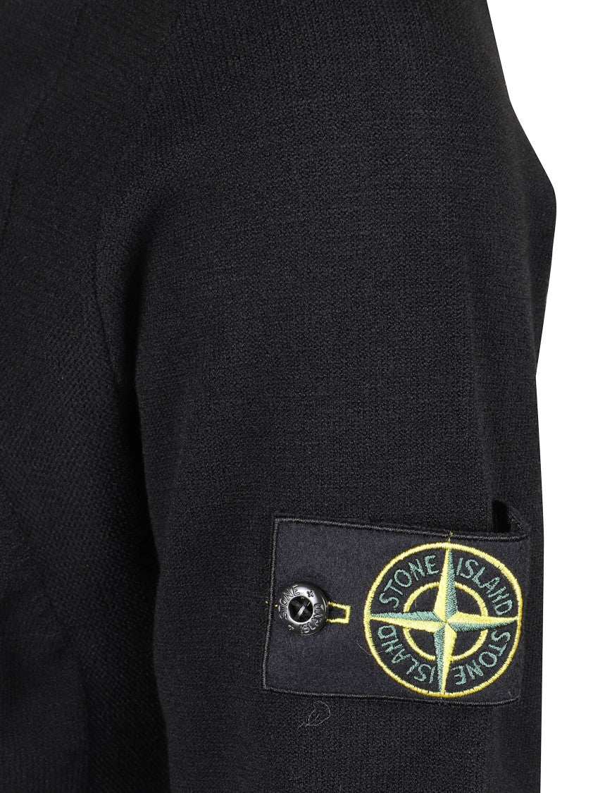 Stone Island High-Collar Black Pullover With Buttoned Placket