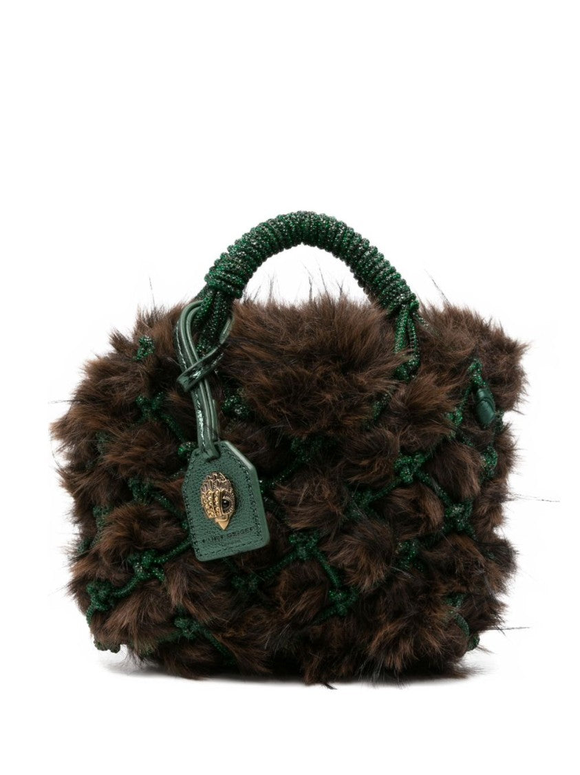 Kurt Geiger Plush Brown Clutch With Green Netted Cord Design And Gold Emblem