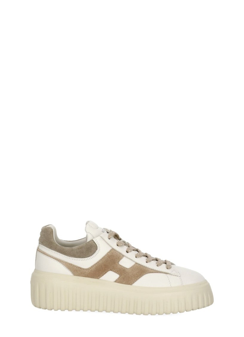 Hogan Ivory Smooth Leather Sneakers With Beige Suede Accents
