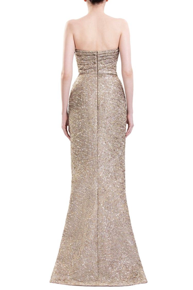 Saiid Kobeisy Gold Embellished Brocade Evening Dress With Asymmetrical Bow Detail