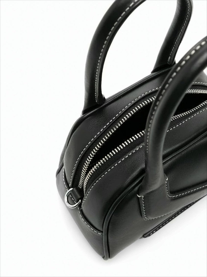 Yuzefi Structured Black Leather Tote Bag With Zigzag Stitching