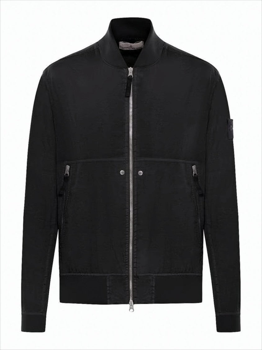Stone Island Minimalistic Black Bomber Jacket With Silver Zipper And Ribbed Details