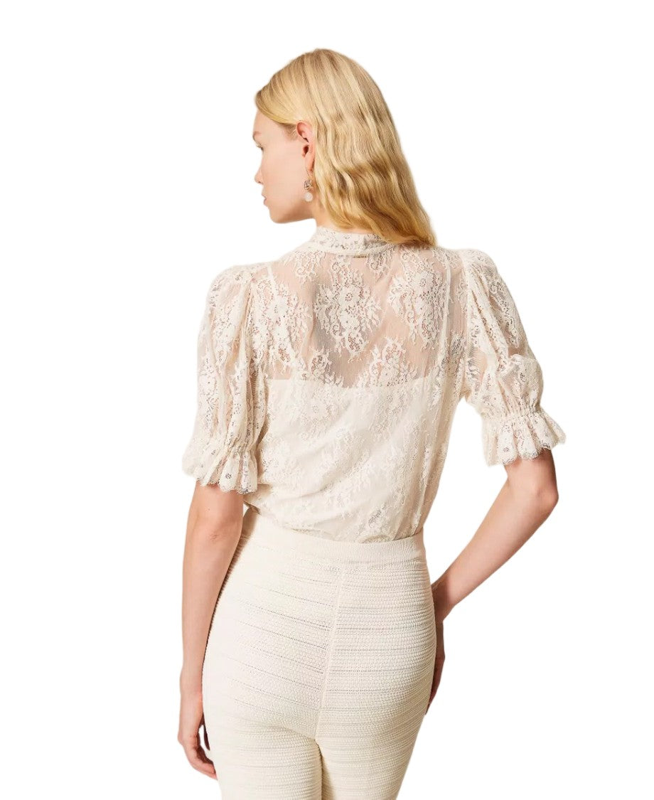 Twin-Set Lace Ribbon Bow Neck Tie Balloon Sleeves Blouse