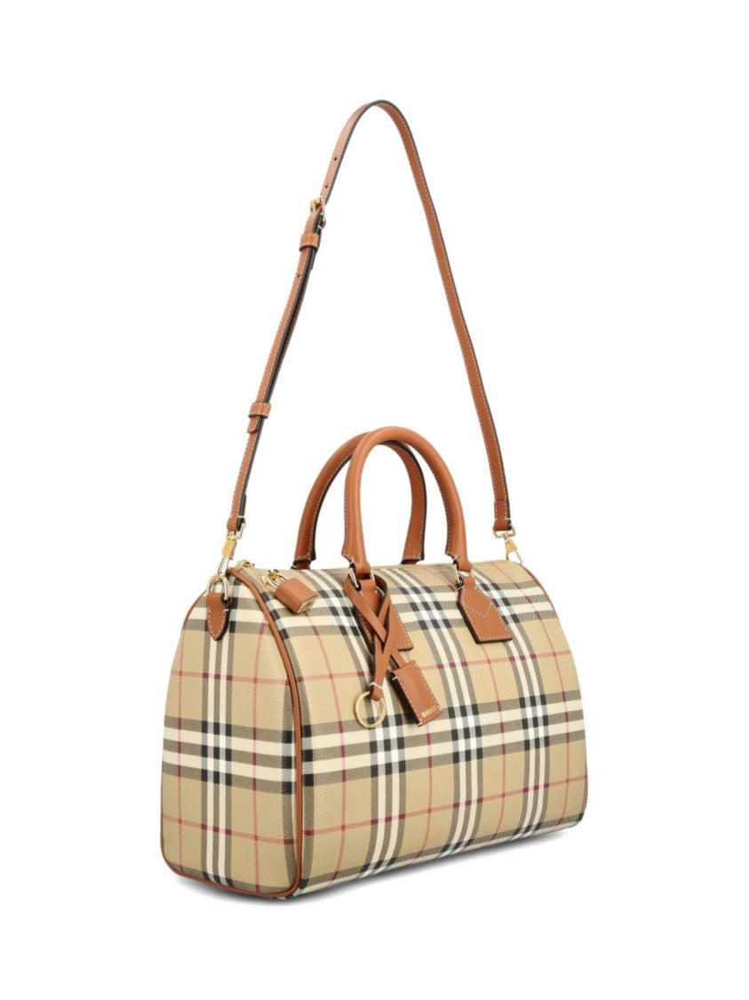 Burberry Beige Canvas Bowling Bag With Classic Check Pattern And Leather Accents