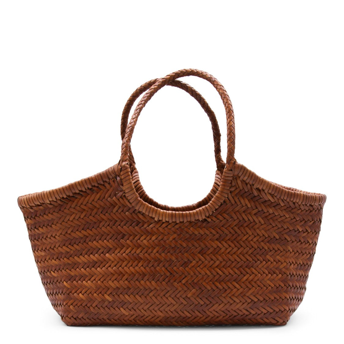 Dragon Diffusion Tan Leather Nantucket Basket Tote With Artisanal Weaving
