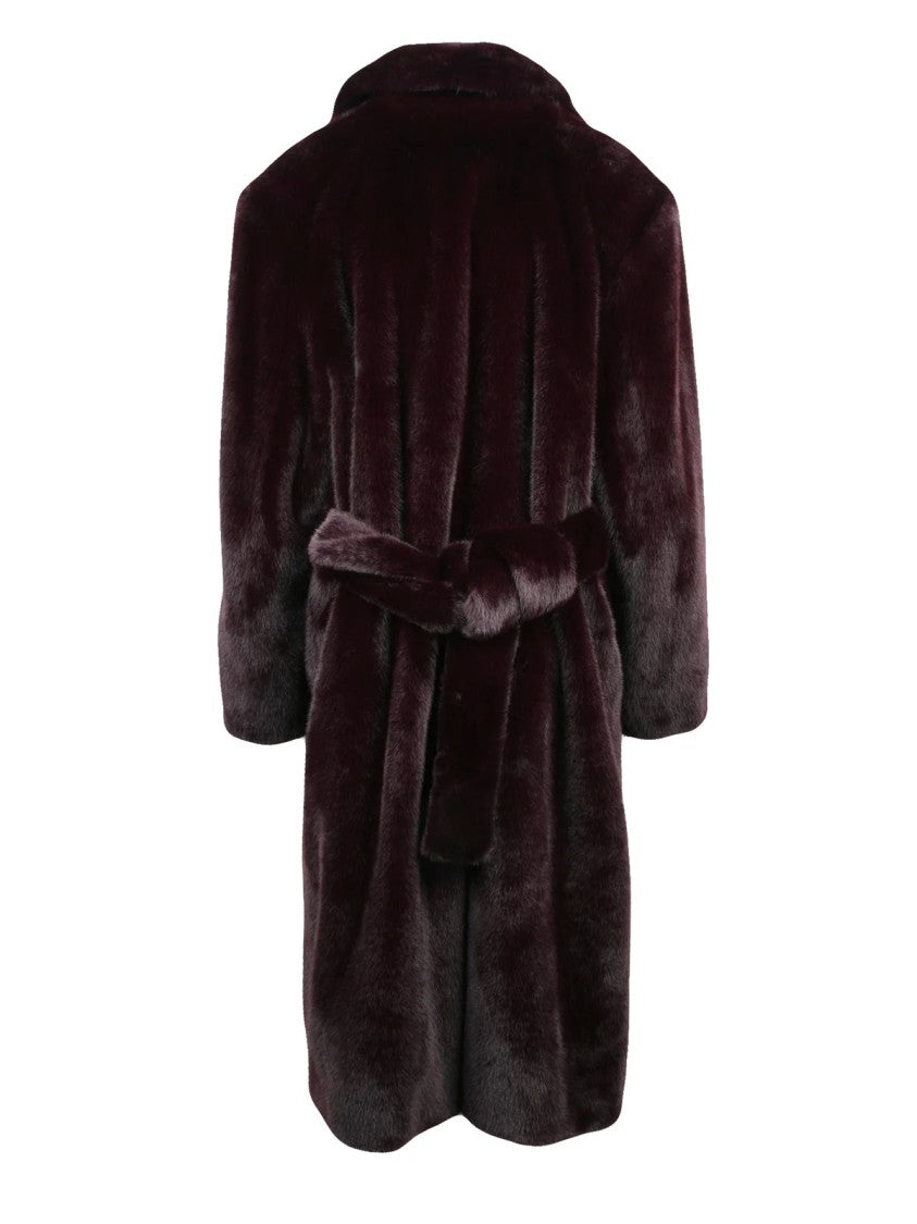 Stand Studio Red Polyester Double-Breasted Long Faux Fur Coat