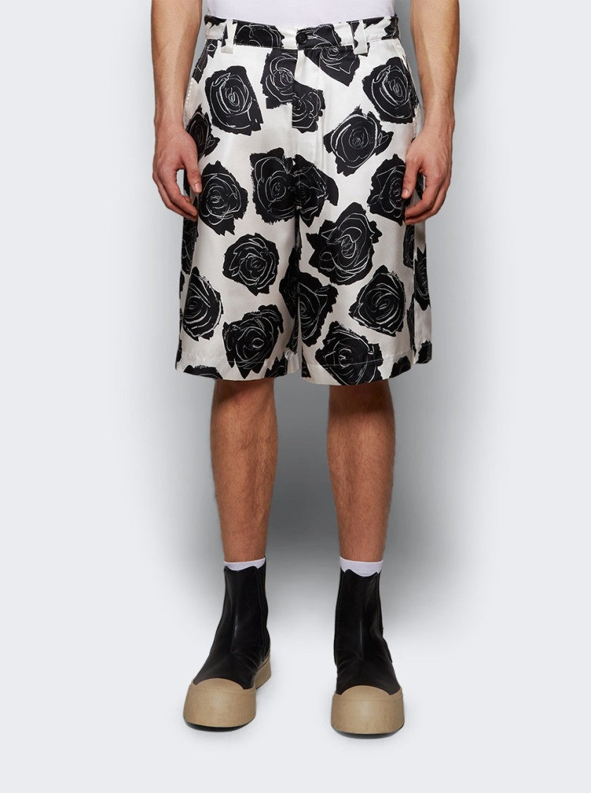 Marni Silk Shorts Lily White And Black Flowers