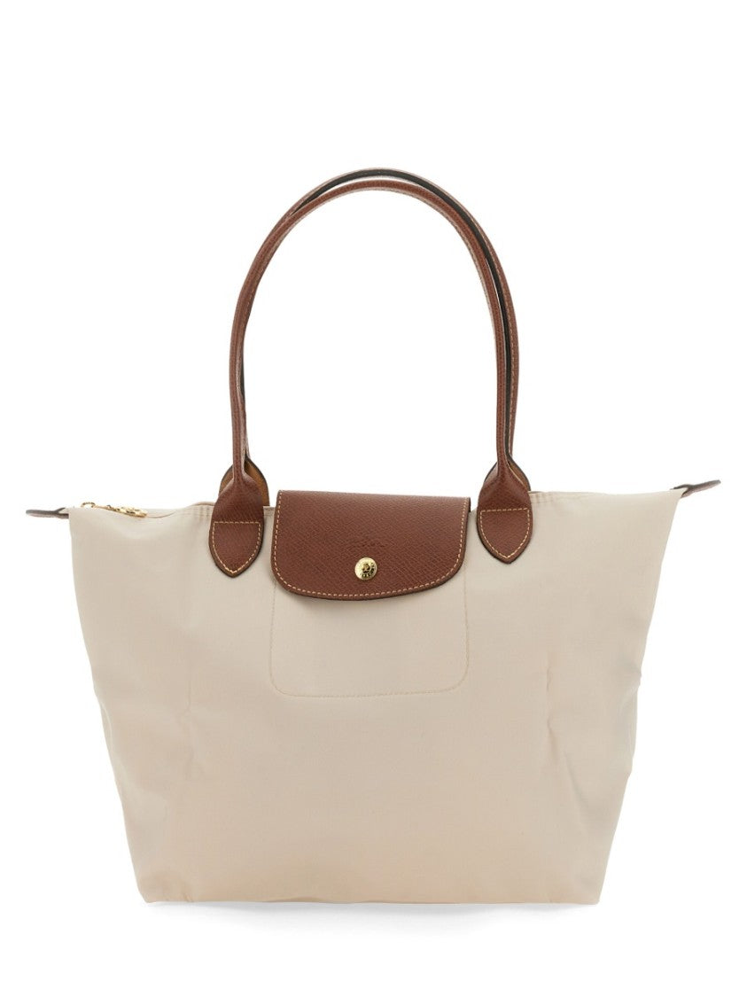 Longchamp Medium Tote Bag With Smooth Light Beige Body And Brown Leather Accents