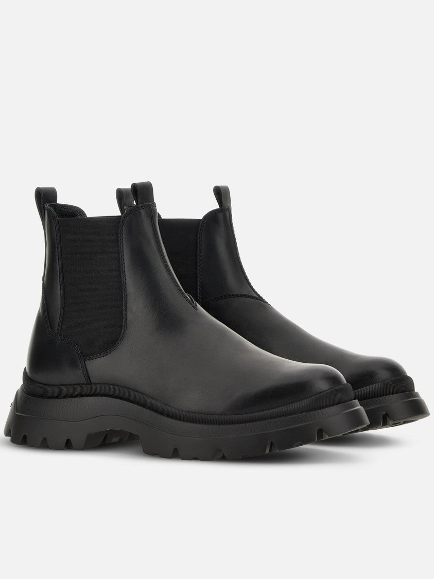 Hogan Black Leather Elastic Side Boots